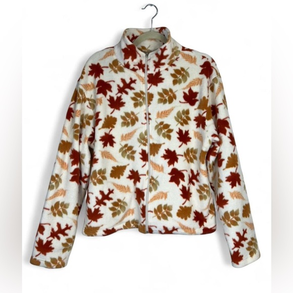 Vintage Mountain Lake autumn leaf print fleece zip up sweater - Picture 5 of 8